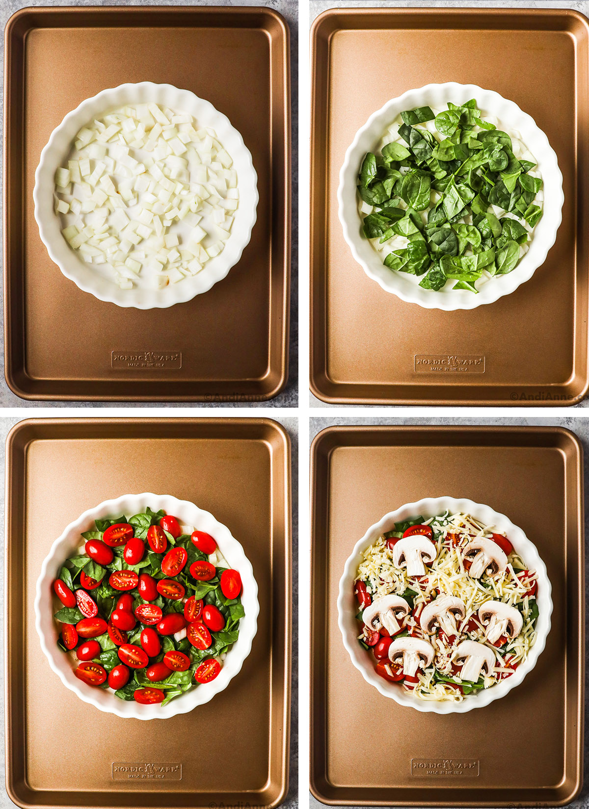 Four images of a quiche dish, first with chopped onion, second with added chopped spinach, third with chopped tomatoes, fourth with shredded mozzarella and sliced mushroom.