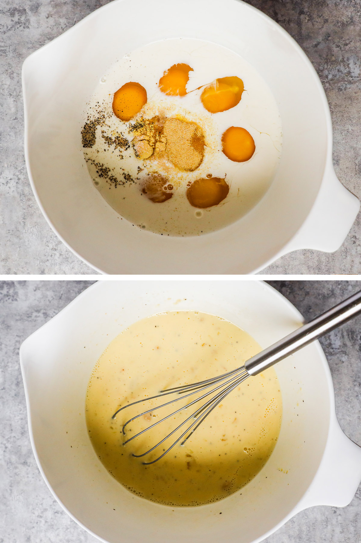 Two images of a bowl with eggs, cream and spices dumped in, one image unmixed, second ingredients beaten together