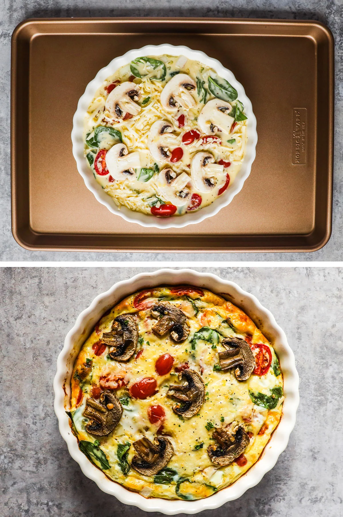 Two images of a mushroom spinach tomato frittata, first one is unbaked, second one is baked.