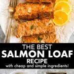 Slices of salmon loaf recipe, and a bowl of the ingredients, plus salmon loaf in a loaf pan.