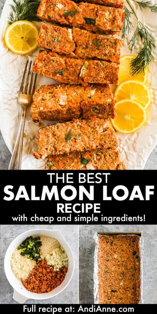 Slices of salmon loaf recipe, and a bowl of the ingredients, plus salmon loaf in a loaf pan.
