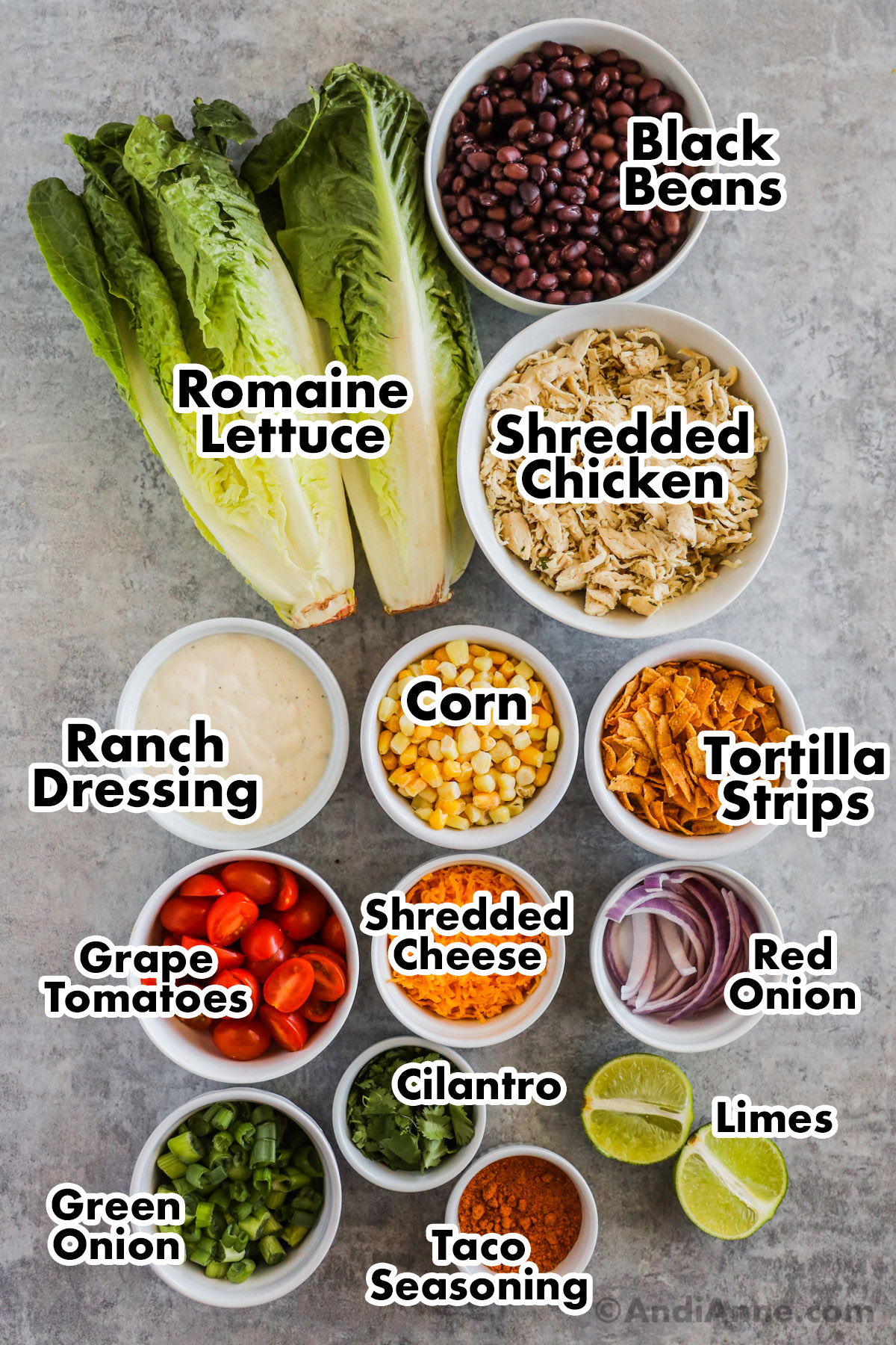 Recipe ingredients on the counter including romaine lettuce heads, bowls of black beans, shredded chicken, ranch dressing, corn, tortilla strips, tomatoes, red onions, green onion and taco seasoning.