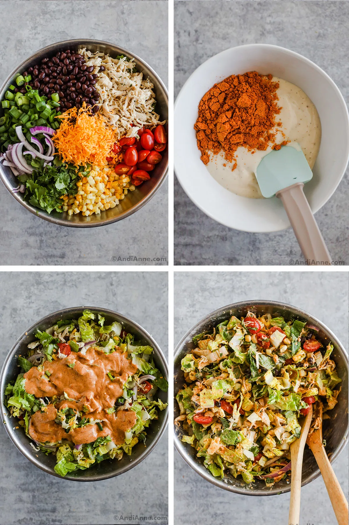 Four images together including a large bowl of ingredients including shredded chicken, black beans, green onions, corn, red onion, cheese and tomatoes. Second is ranch dressing and taco seasoning dumped on top, third is ranch dressing poured overtop of a salad, fifth is the mixed taco chicken salad with wood spoons.