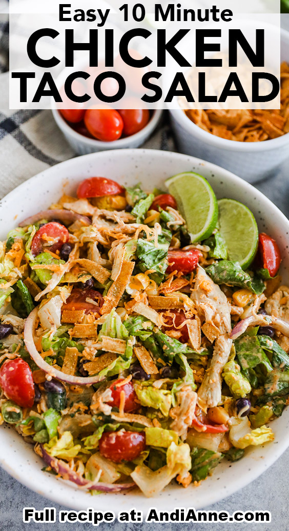 A bowl of chicken taco salad with the words "easy 10 minute chicken taco salad" written above it.