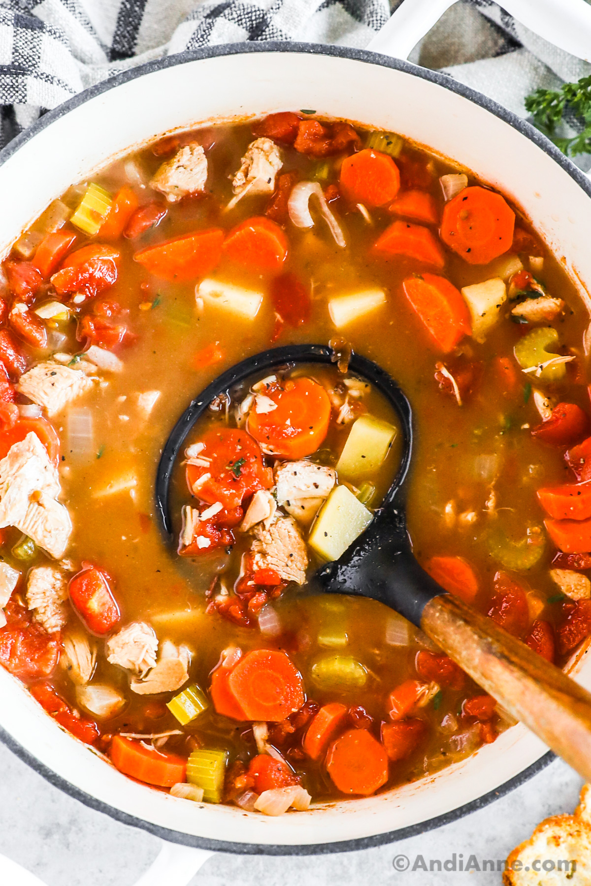 A soup ladle in a pot of turkey vegetable soup.