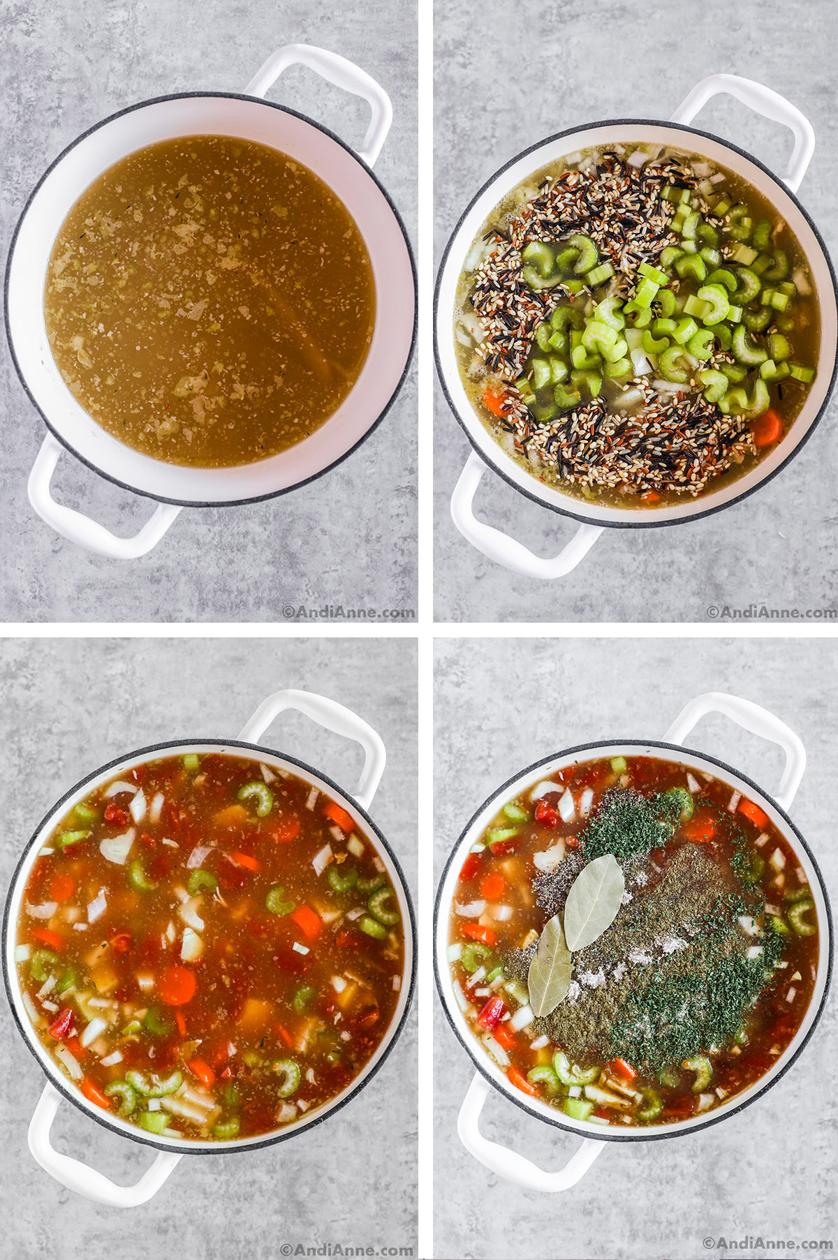 Four images of a soup pot. First is broth. Second is celery and wild rice dumped overtop of ingredients. Third is ingredients mixed together, Fourth is spices and basil leaves sprinkled in but not mixed.