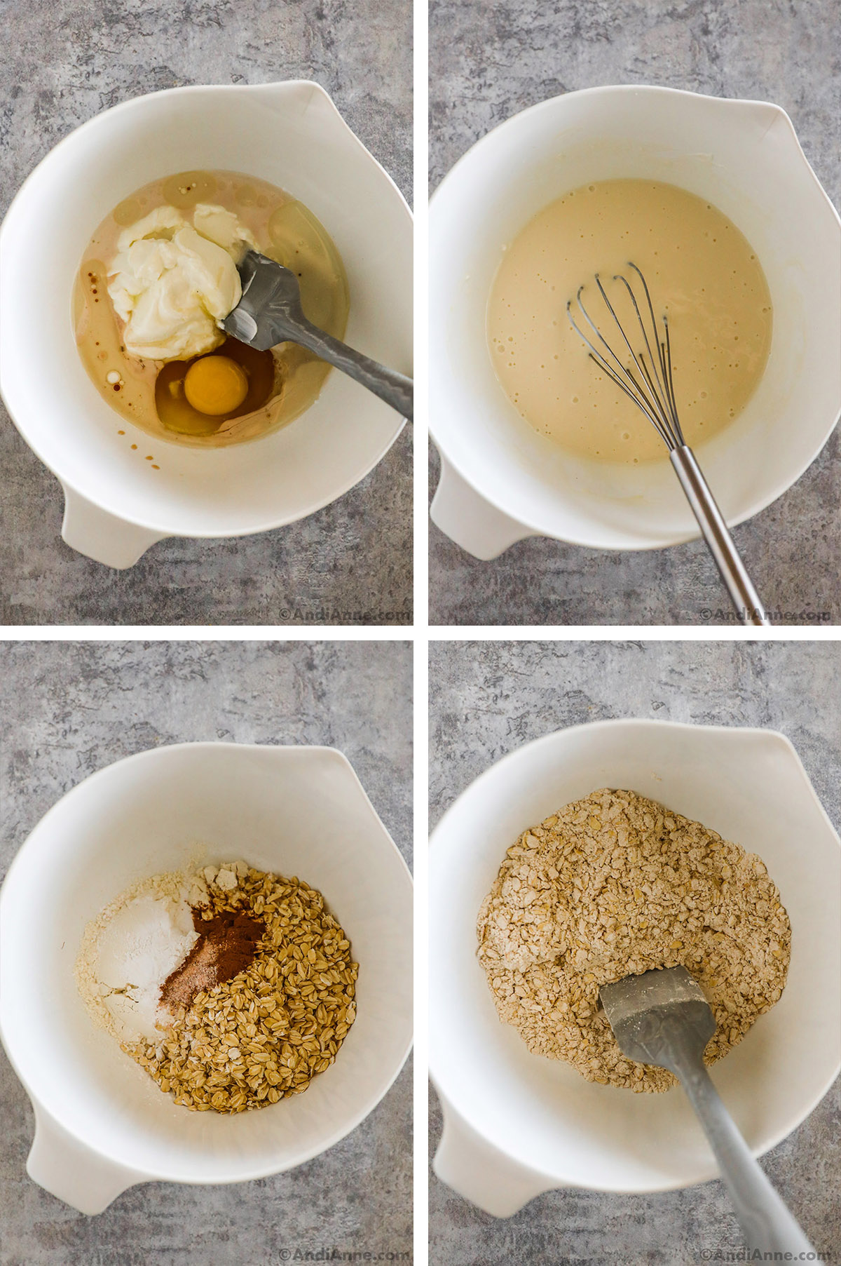 Four images of a white bowl showing steps to make recipe. FIrst two are wet ingredients, second two are dry ingredients.