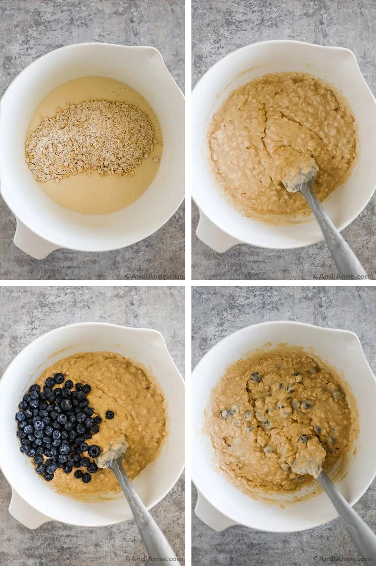 Four images of a white bowl with various ingredients showing steps to make recipe.