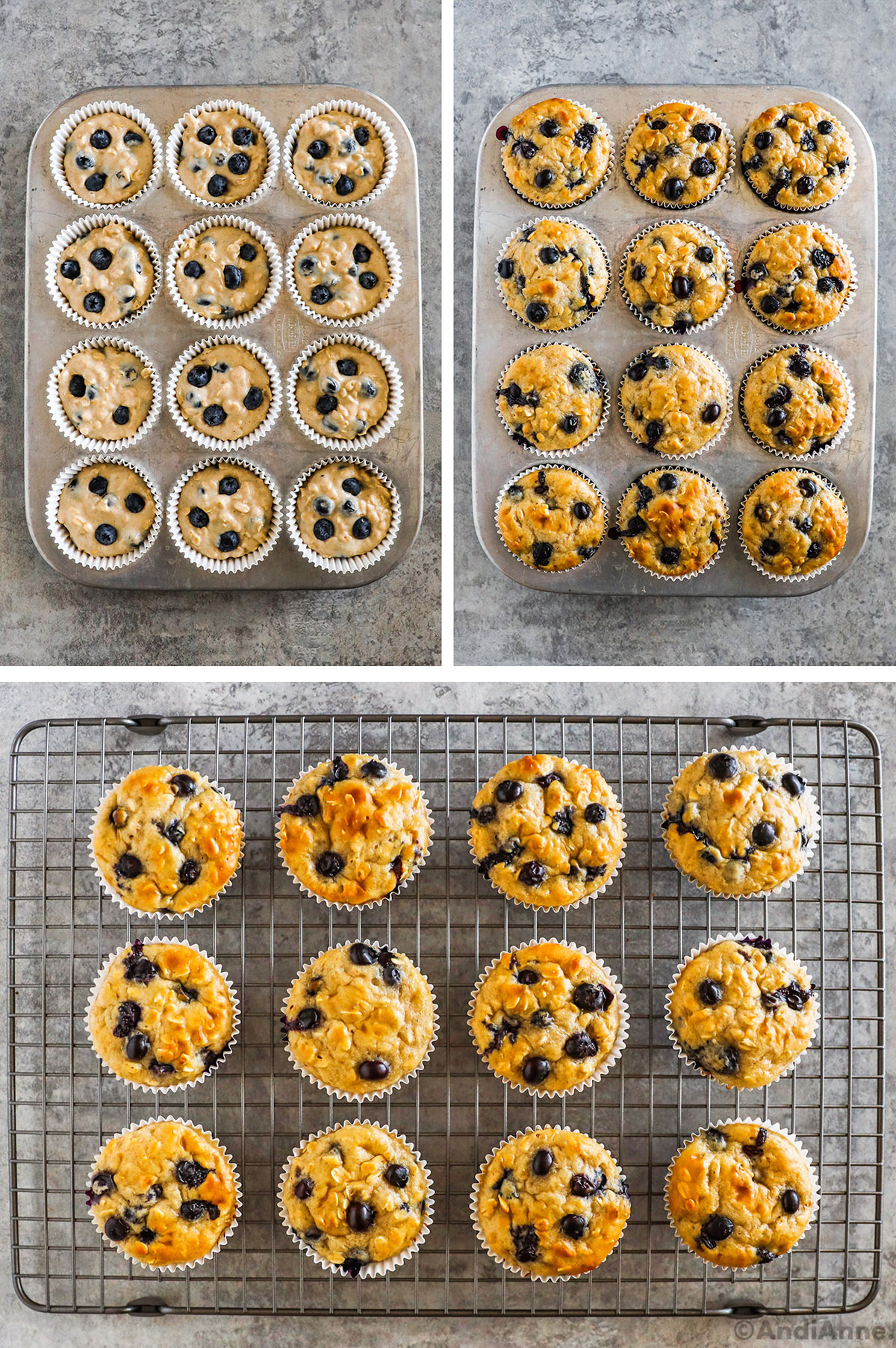 Three images of blueberry muffins, in muffin pan unbaked, baked in muffin pan, and baked on cooling rack.