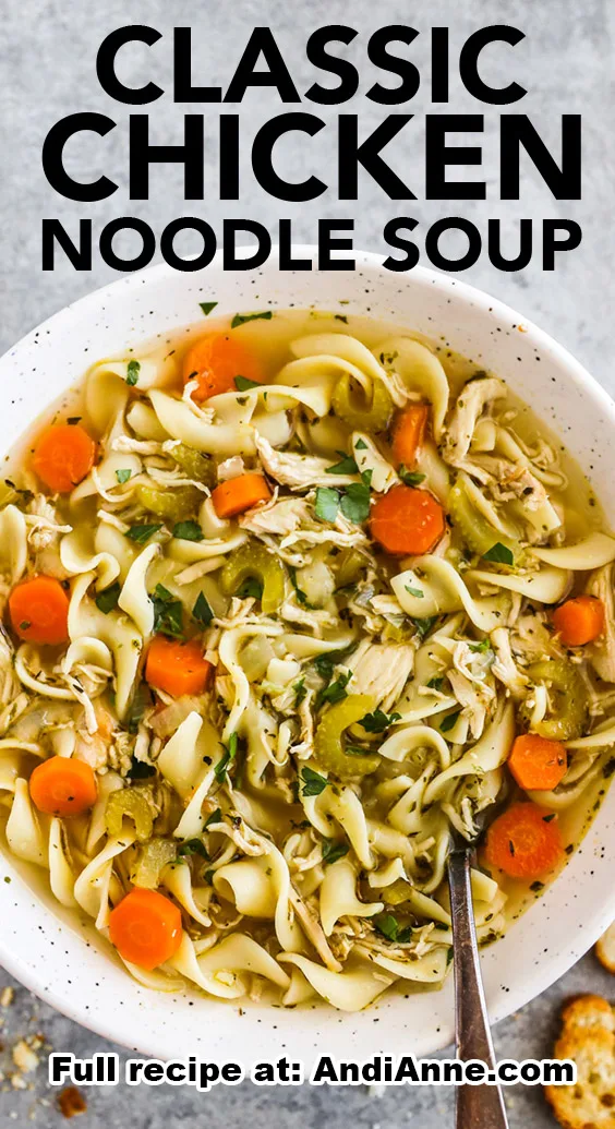 A bowl of classic chicken noodle soup with a spoon.
