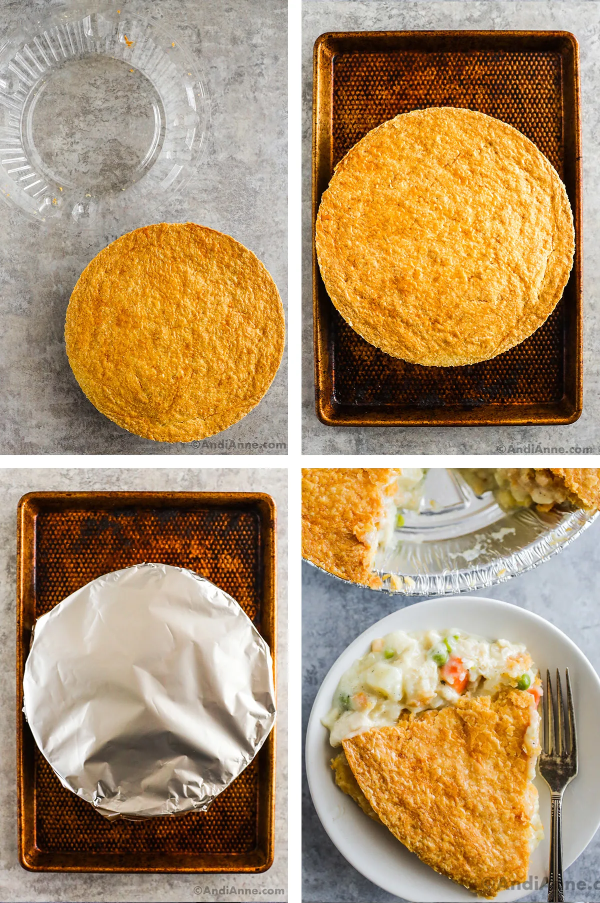 Four images of chicken pot pie, first with packaging removed, second in baking sheet, third wrapped in foil, fourth is a slice of chicken pot pie on a plate with a fork.