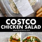 Three images of Costco chicken salad, first in the package container, second on an open faced sandwich, third in a salad.