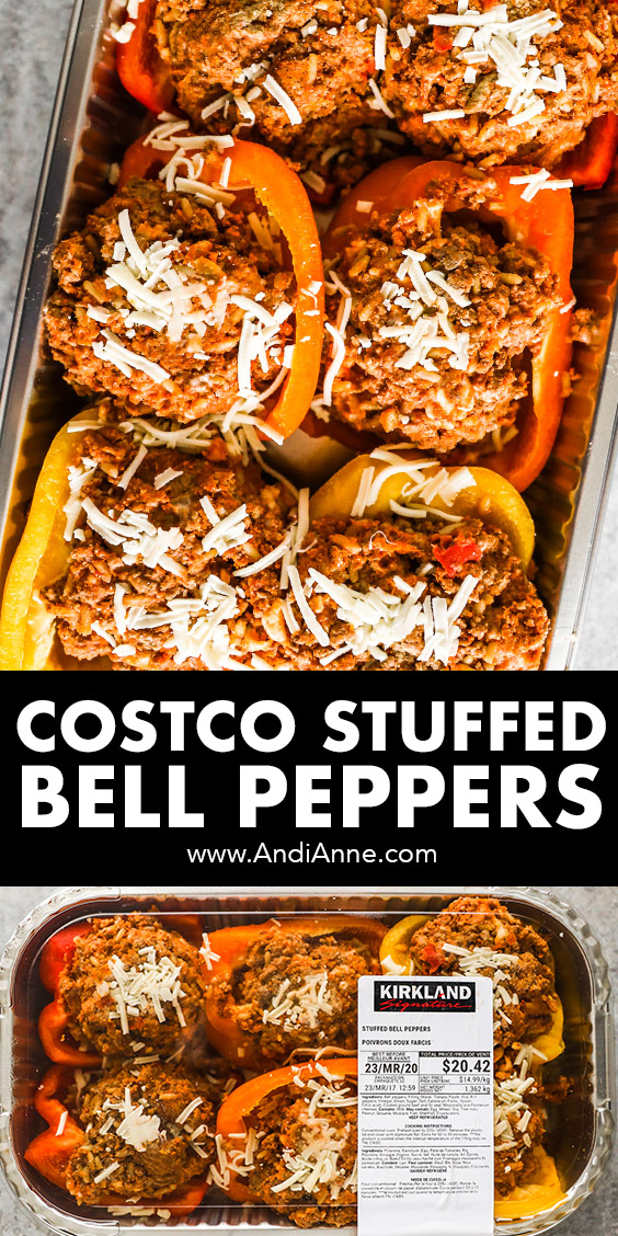 Two images of Costco stuffed bell peppers in the package.