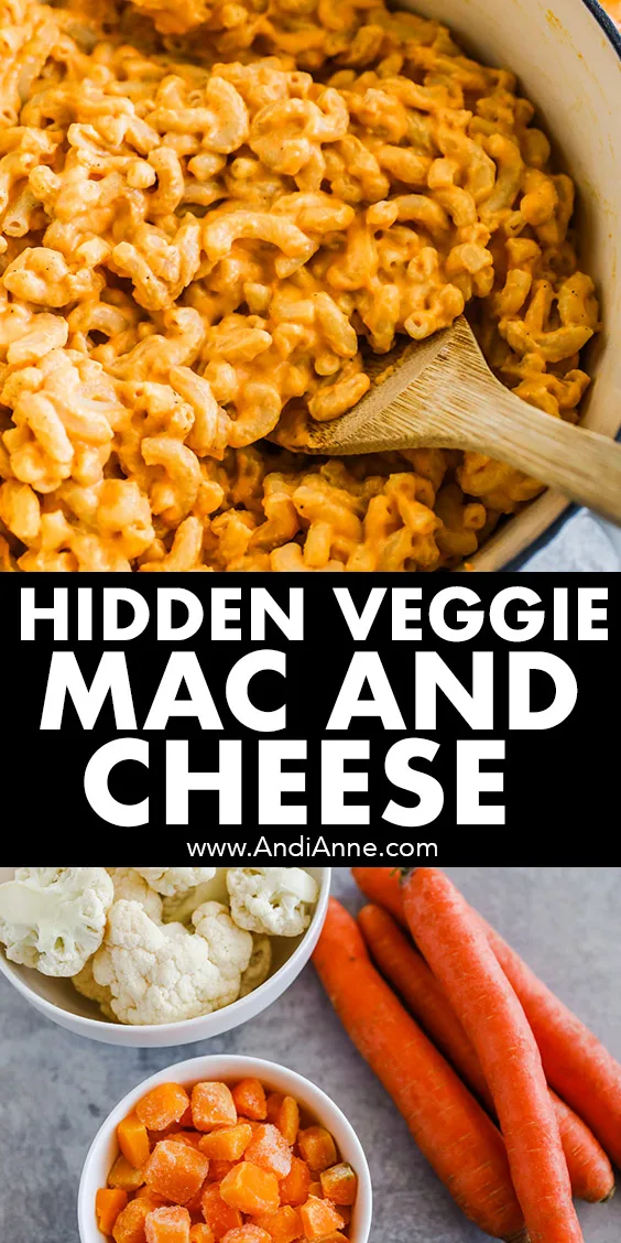 A white pot with hidden veggie mac and cheese recipe and bowls of cauliflower, chopped squash and carrots.