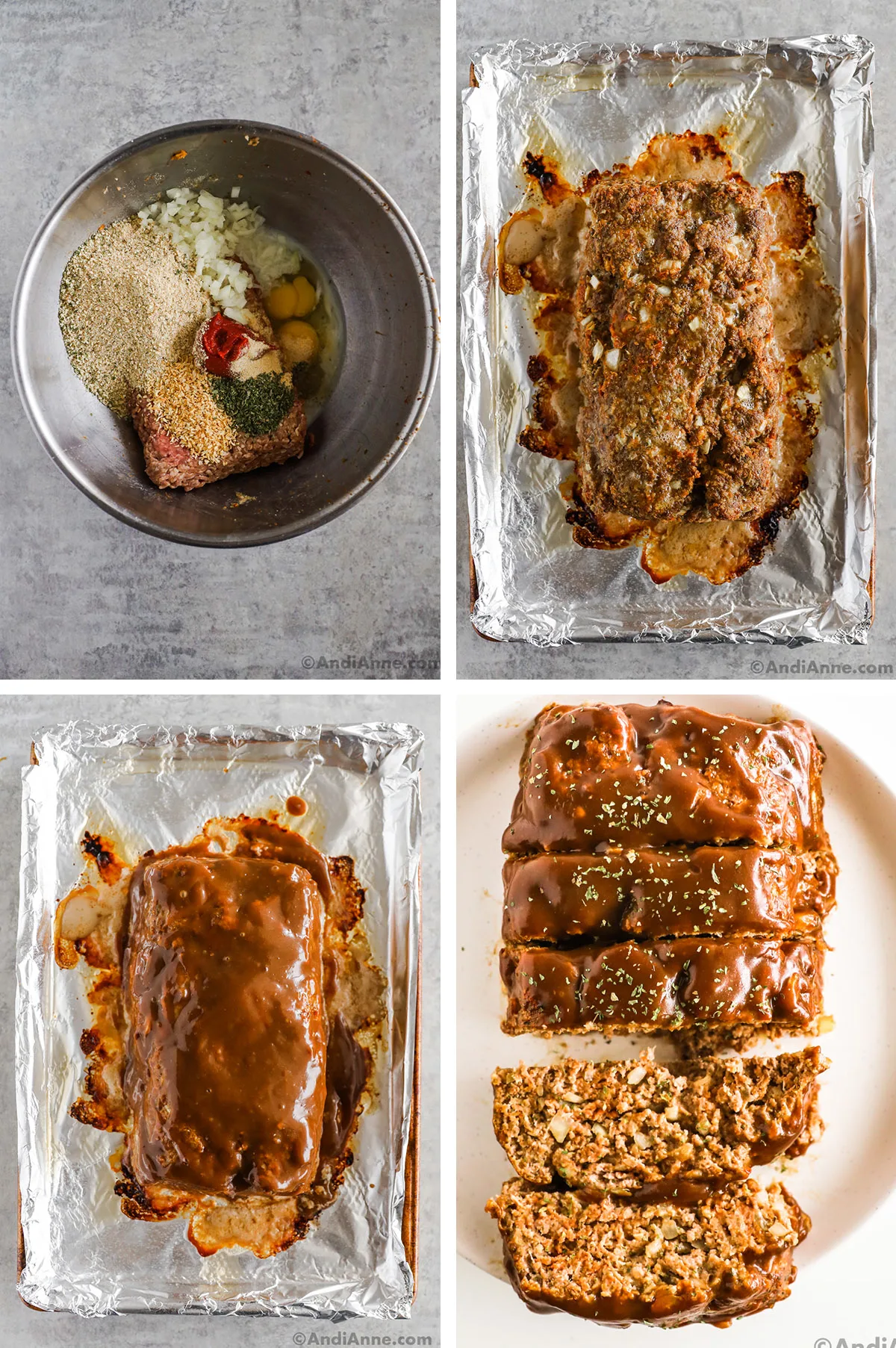 Four images showing steps to make recipe. First is meatloaf ingredients dumped in large steel bowl. Second is cooked meatloaf, third is meatloaf drizzled with gravy, fourth is sliced meatloaf with brown gravy topping.