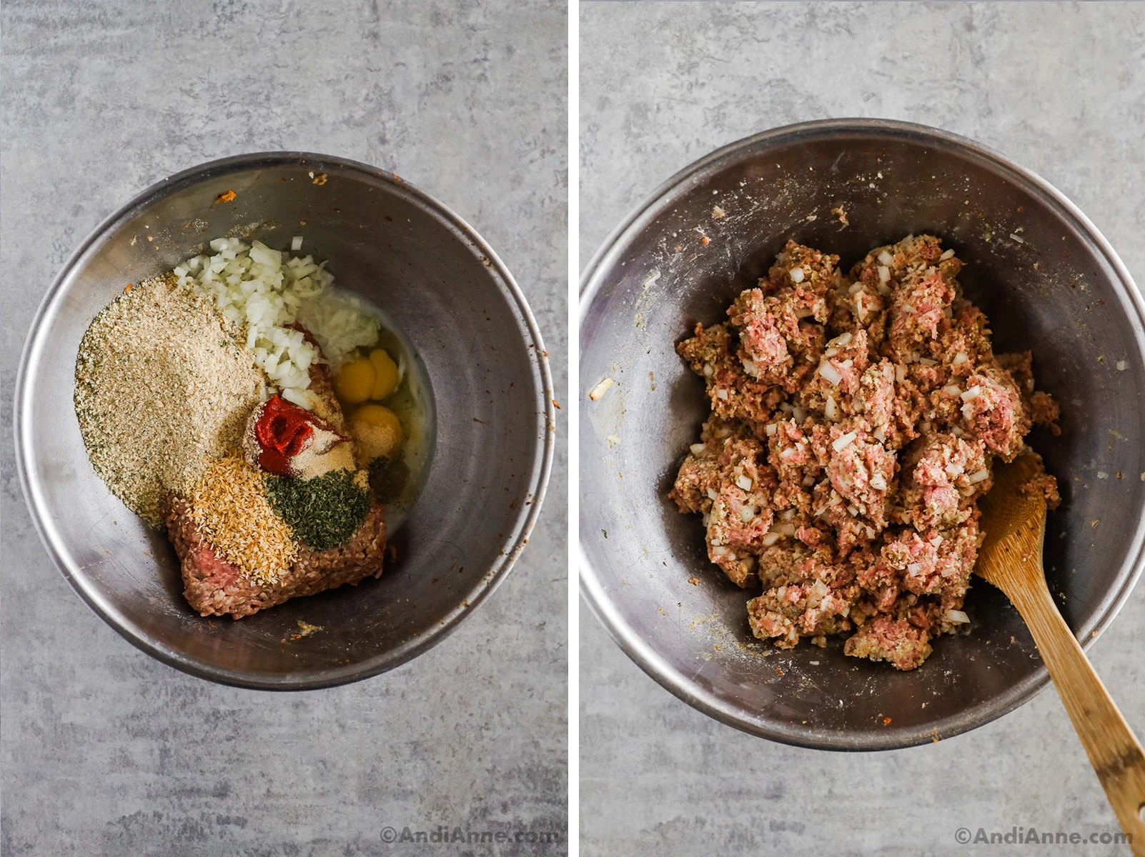 Two image of a large steel bowl. First is meatloaf ingredients dumped in. Second is ground beef mixture together.