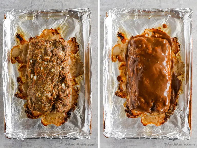 Two images of meatloaf. First is cooked meatloaf on a baking sheet without sauce. Second is cooked meatloaf with gravy poured on top.