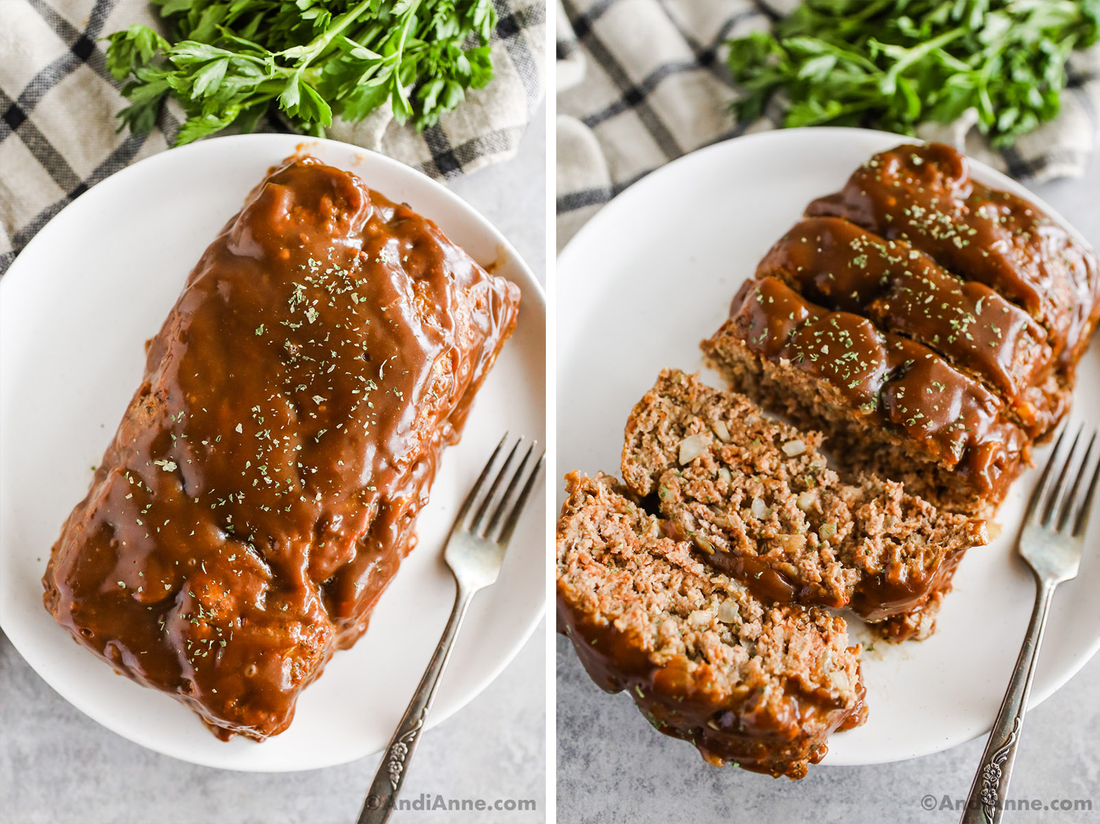 Two images of cooked meatloaf. First is whole meatloaf drizzled with gravy. Second is gravy sliced in to servings.