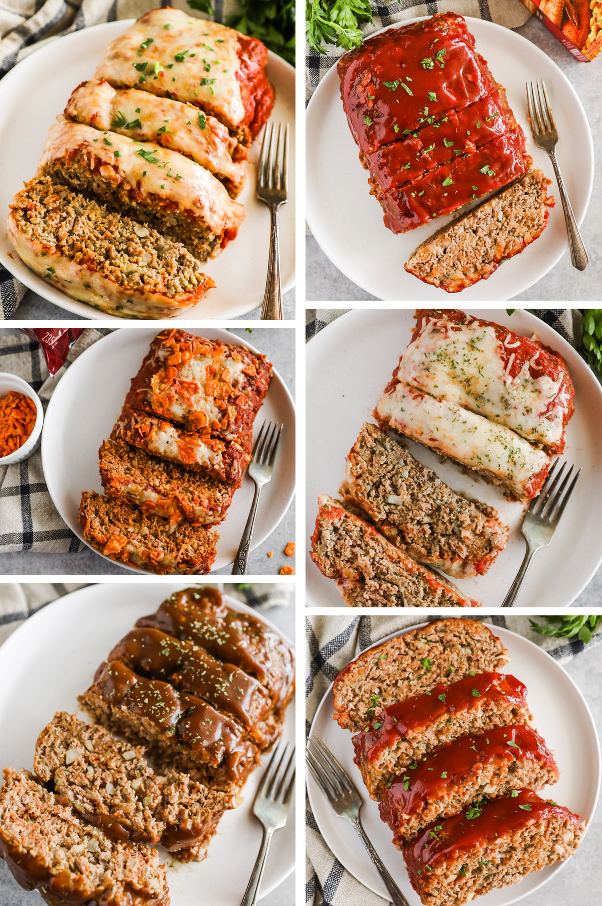 Image with six meatloaf flavor recipes including italian, classic, taco, pizza, brown gravy and stuffing.