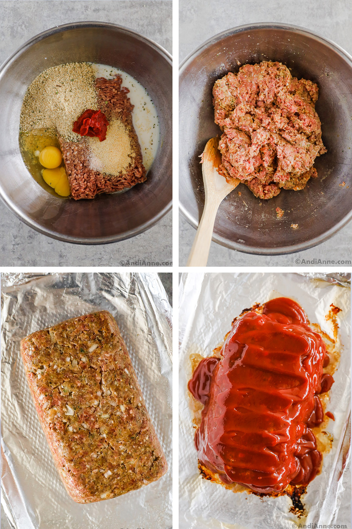 Four images showing recipe steps. First is ingredients dumped in a steel bowl. Second is meatloaf mixture in steel bowl and mixed together. Third is raw meatloaf shape on a baking sheet. Fourth is baked meatloaf covered in sauce.