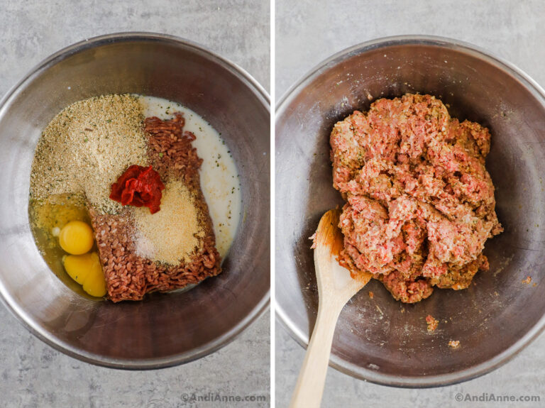 A steel bowl with ground beef, bread crumbs, milk, eggs and tomato paste. Second image is ground beef mixed with ingredients in bowl.