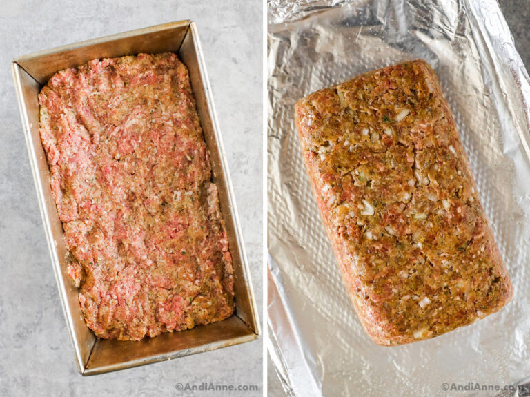 Two images, first is a loaf pan with ground beef mixture, second is ground beef mixture on a baking sheet in loaf shape.