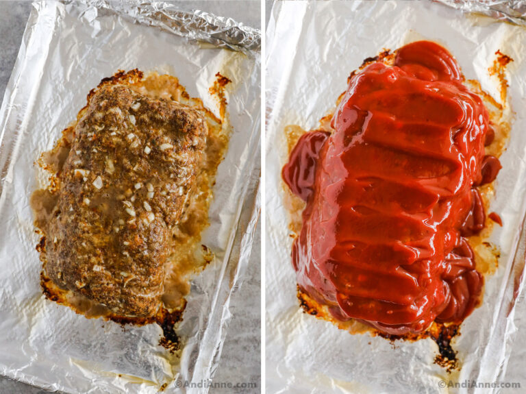 Two images, first is baked meatloaf on baking sheet, second is sauce covering meatloaf on baking sheet.