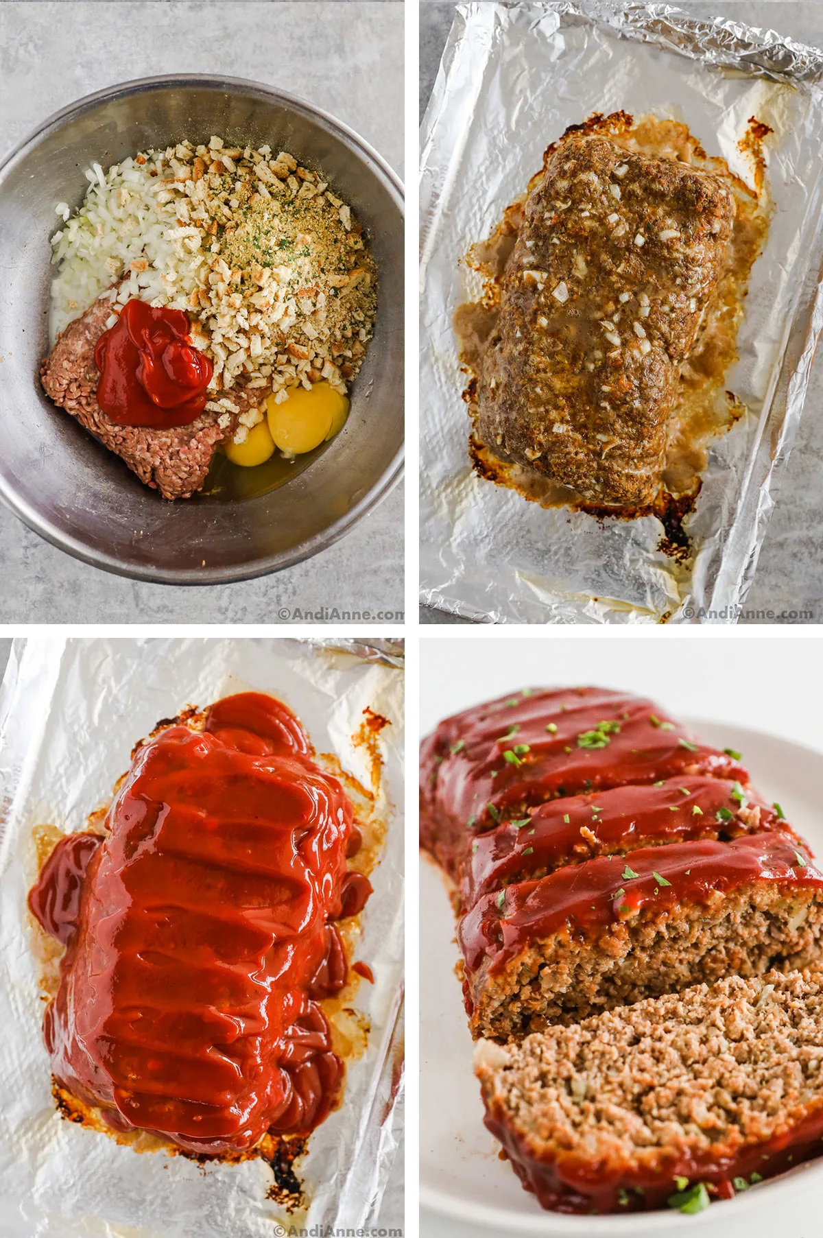 Four images showing steps to make recipe. First is steel bowl with meatloaf ingredients dumped in. Second is cooked meatloaf without topping. Third is cooked meatloaf with ketchup topping spread on. Fourth is sliced meatloaf on a plate.