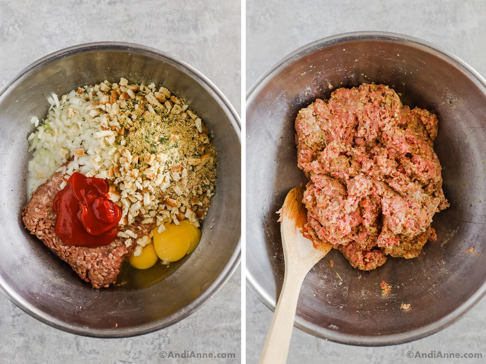 Two images of a steel bowl, first with meatloaf ingredients dumped in. Second with meatloaf ingredients mixed together.