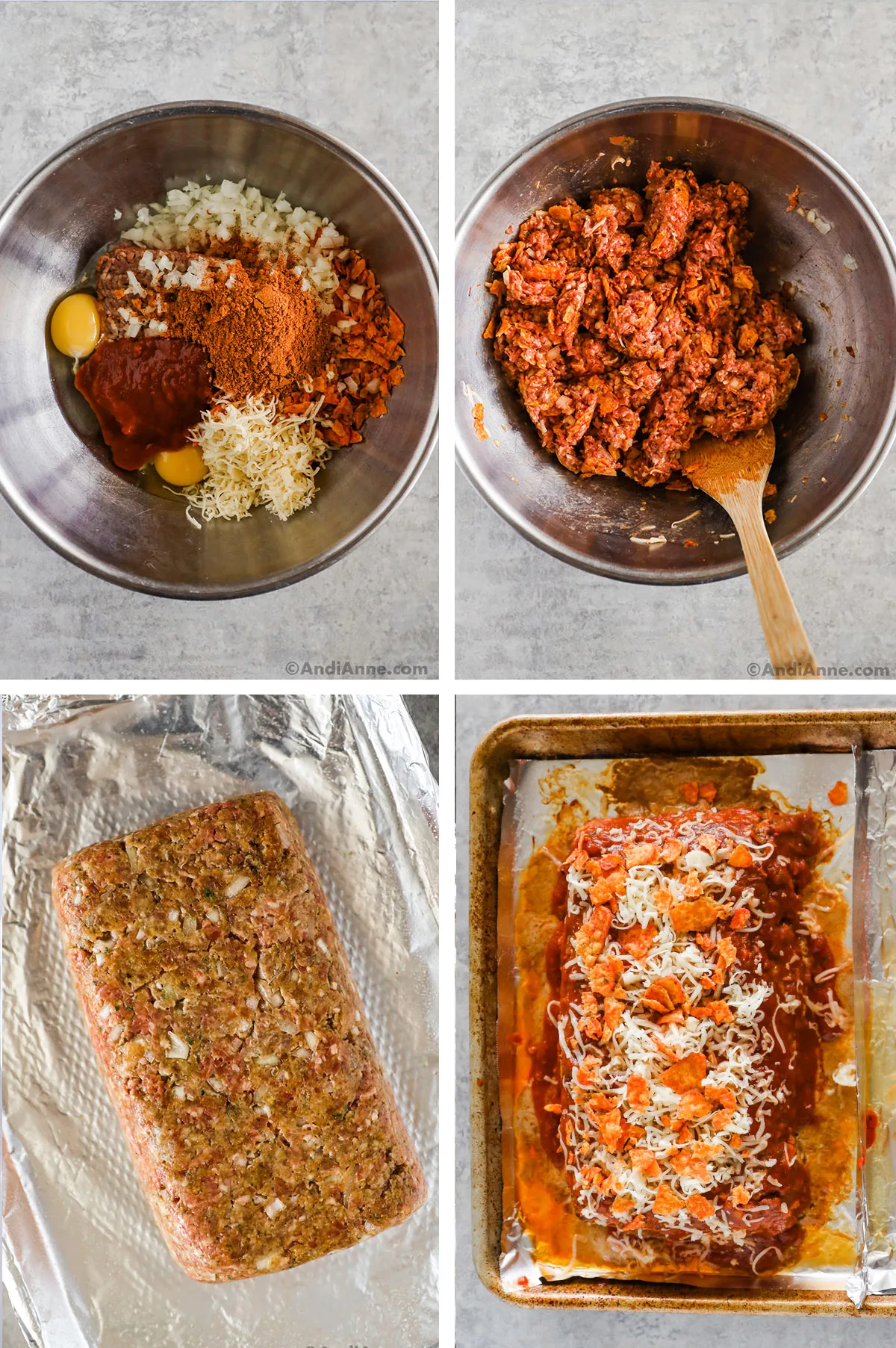 Four images with steps to make recipe. First is ingredients dumped in, second is ground beef mixture in bowl with wood spoon, third is raw meatloaf on baking sheet. Fourth is baked meatloaf on baking sheet with sauce, shredded cheese and crushed Doritos.