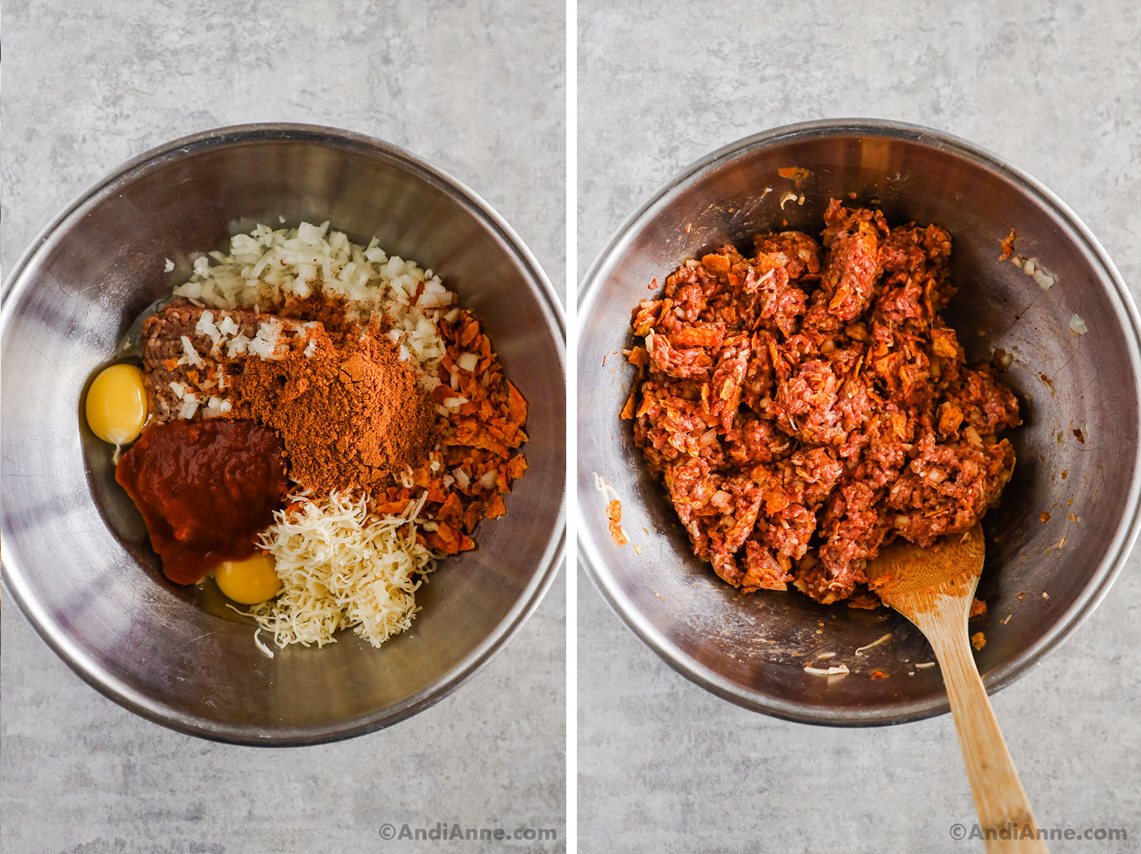 Two images of a large steel bowl, first with meatloaf ingredients dumped in. Second with all ingredients mixed together.