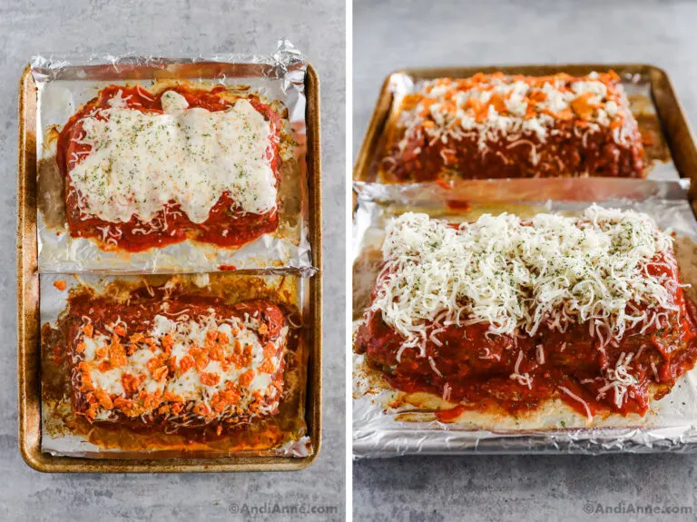 Two images of baked meatloaves on a baking sheet, one is taco meatloaf the other is Italian meatloaf recipe.