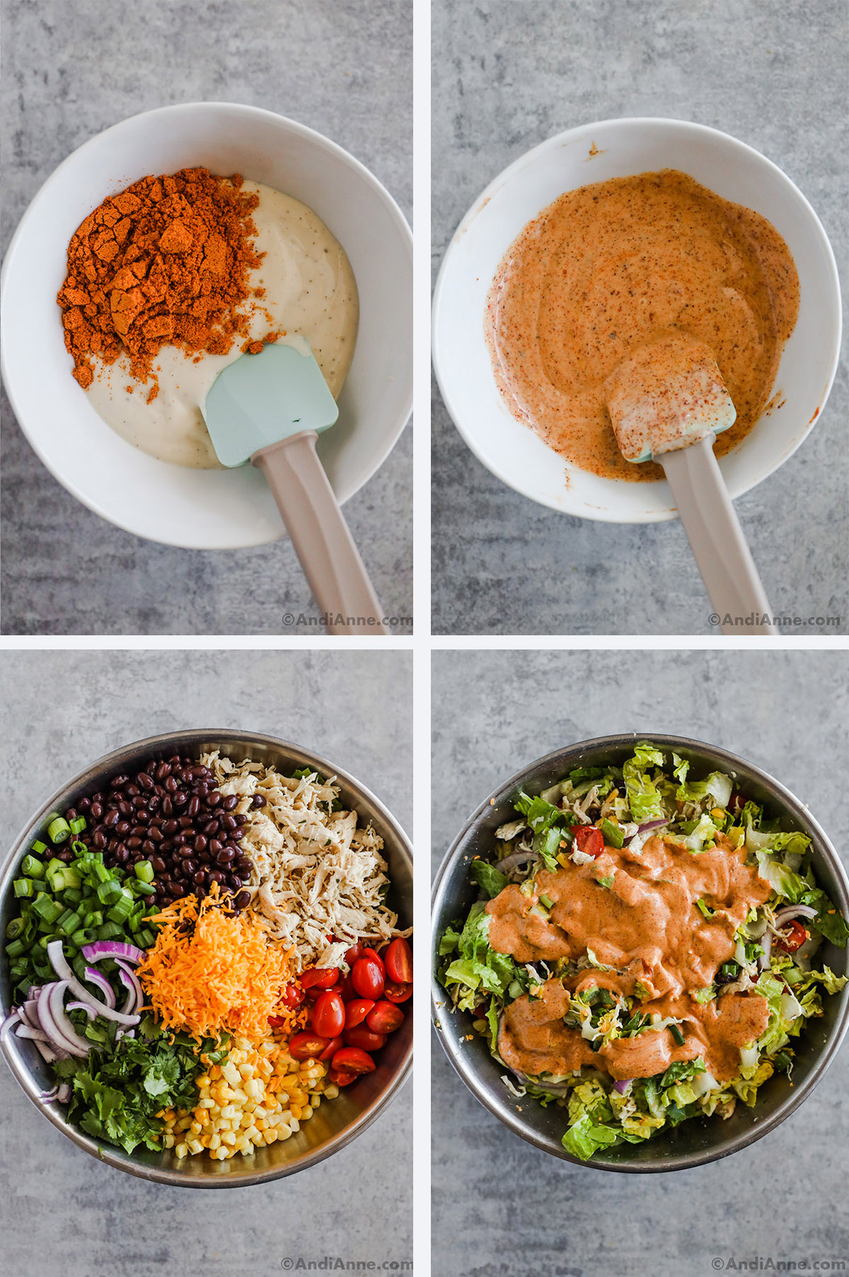 Four images. First two are salad dressing ingredients being mixed in a bowl. Second two are salad ingredients added to a large bowl, then tossed and dressing poured on top.