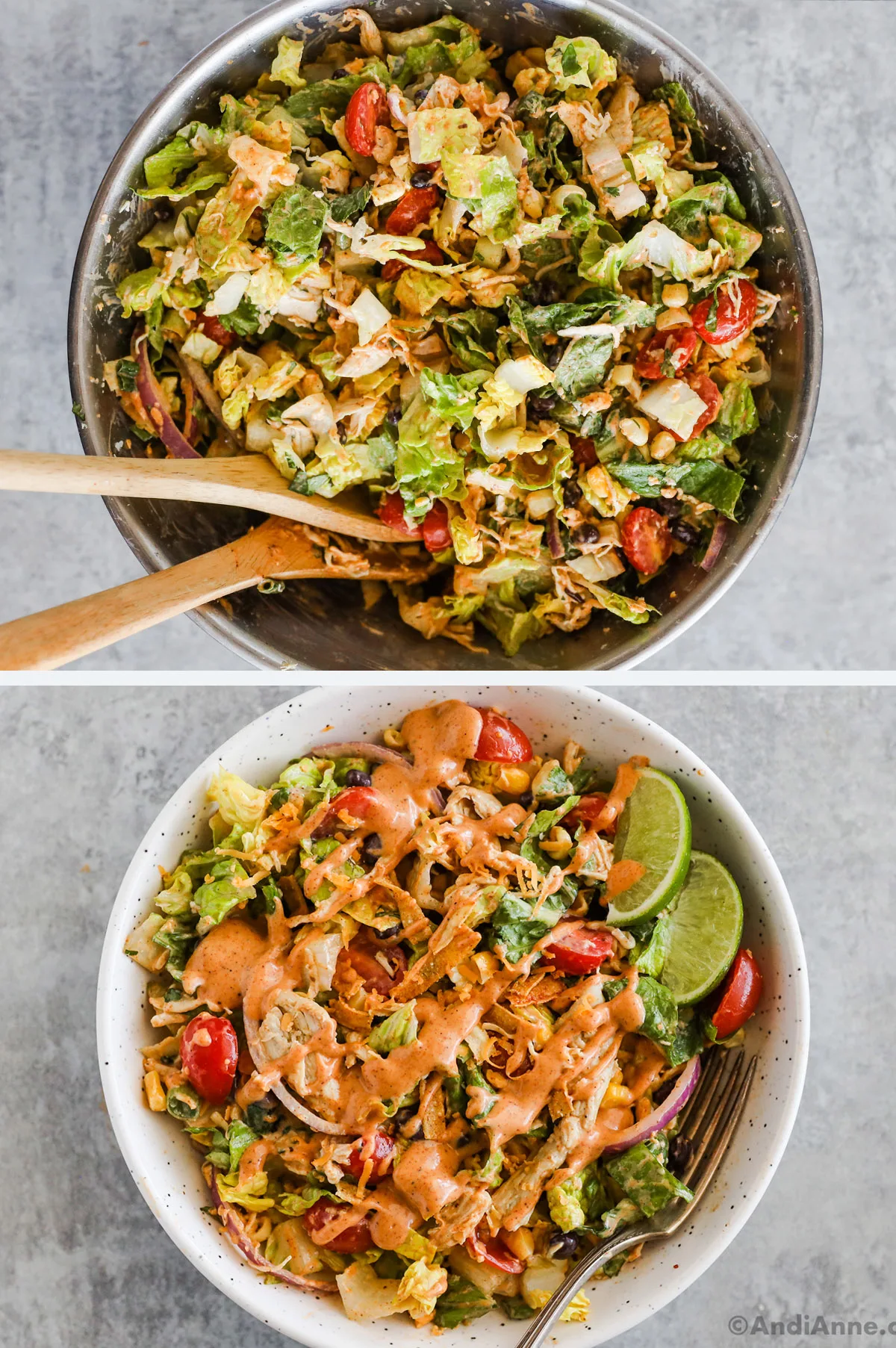 Two images, first is large bowl with taco chicken salad ingredients in it. Second is bowl of taco chicken salad with dressing on top.