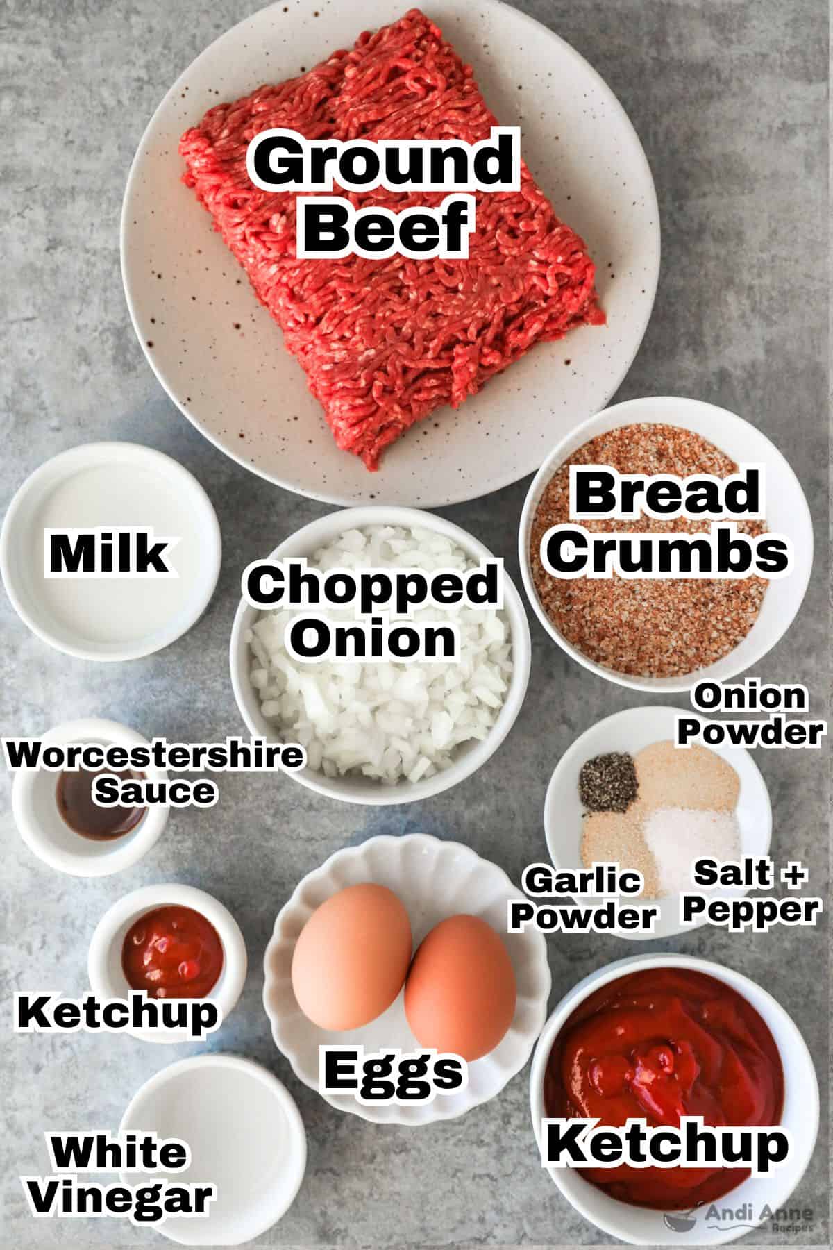 classic meatloaf recipe ingredients in bowls and plates