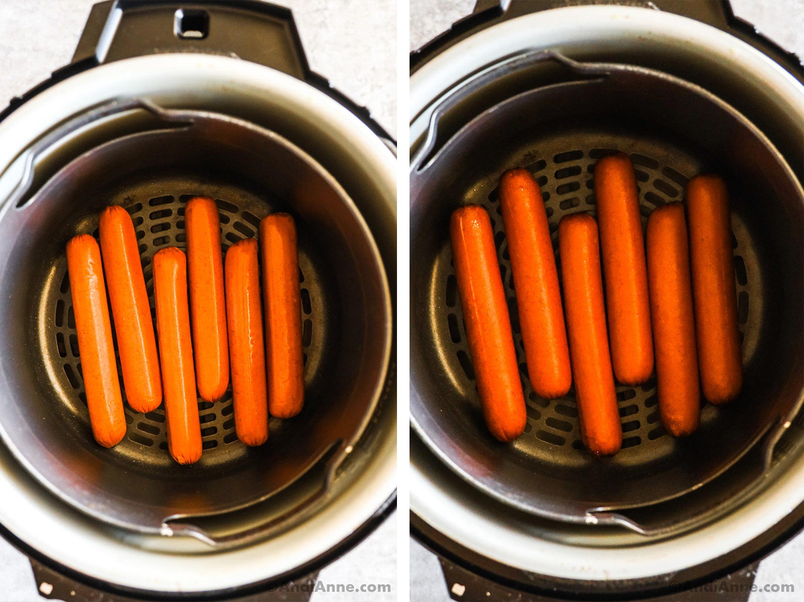 Looking into an air fryer with hot dogs.