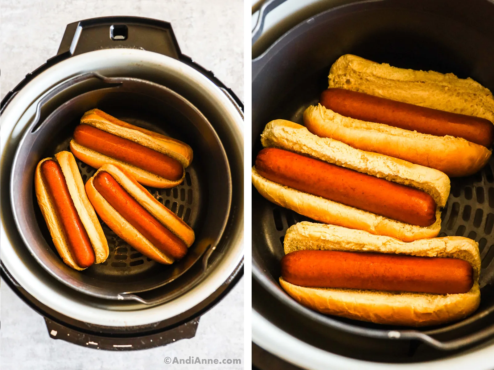 Looking into an air fryer with hot dogs and buns.