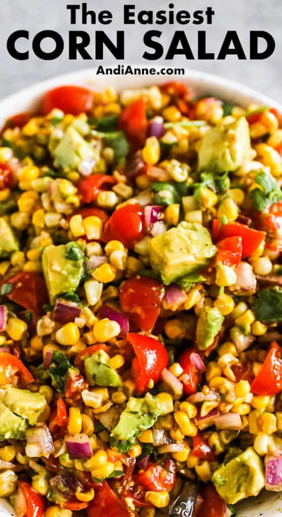 Close up of a corn tomato avocado salad recipe.