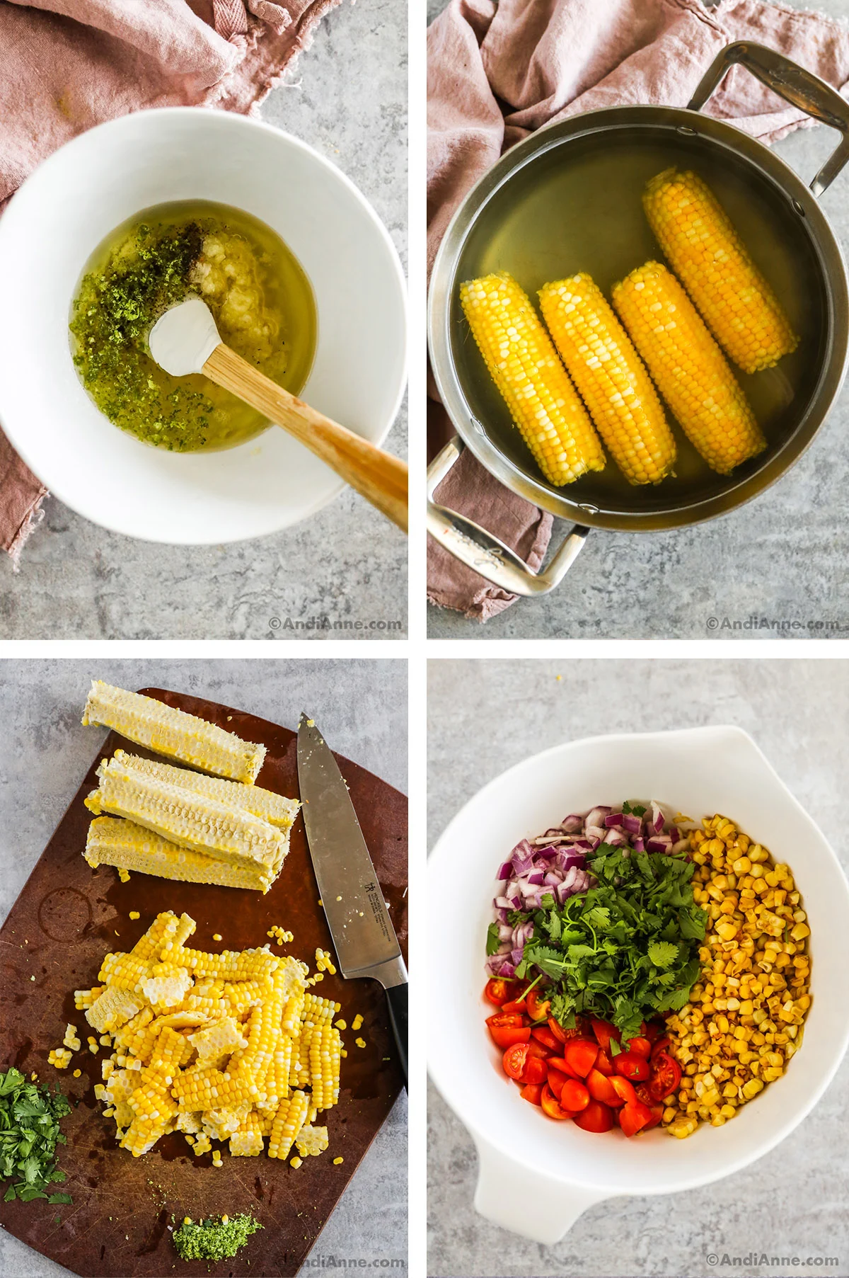 Four images showing steps to make recipe. First is a white bowl with ingredients to make dressing dumped in, second is cooked corn in a pot, third is sliced corn on a cutting board with knife, fourth is corn, tomatoes, onion and cilantro in a large white bowl.