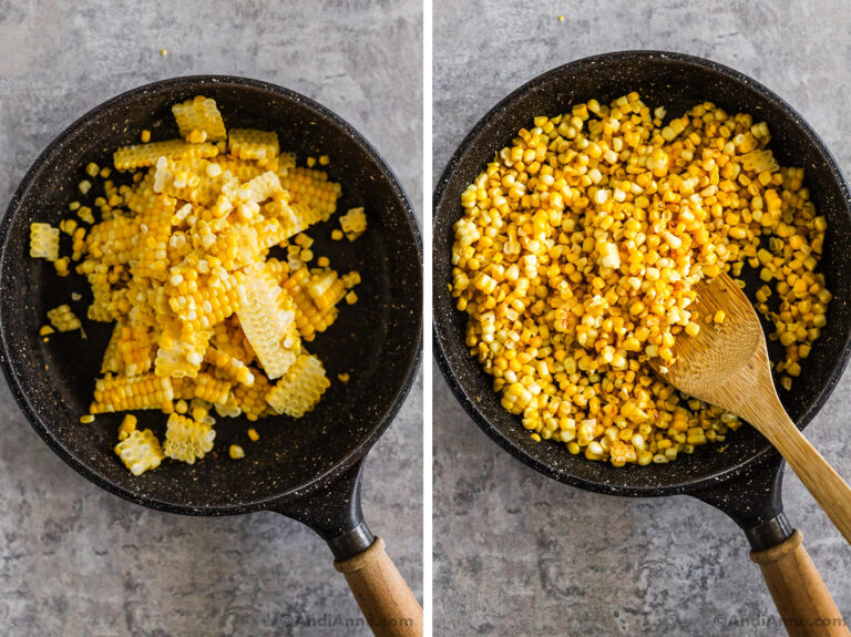 Two images, first is corn dumped in, second is corn slightly toasted.