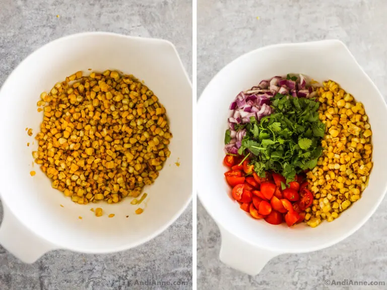 Two images of a bowl, first with just corn inside, second with corn, chopped tomatoes, onion and cilantro inside.