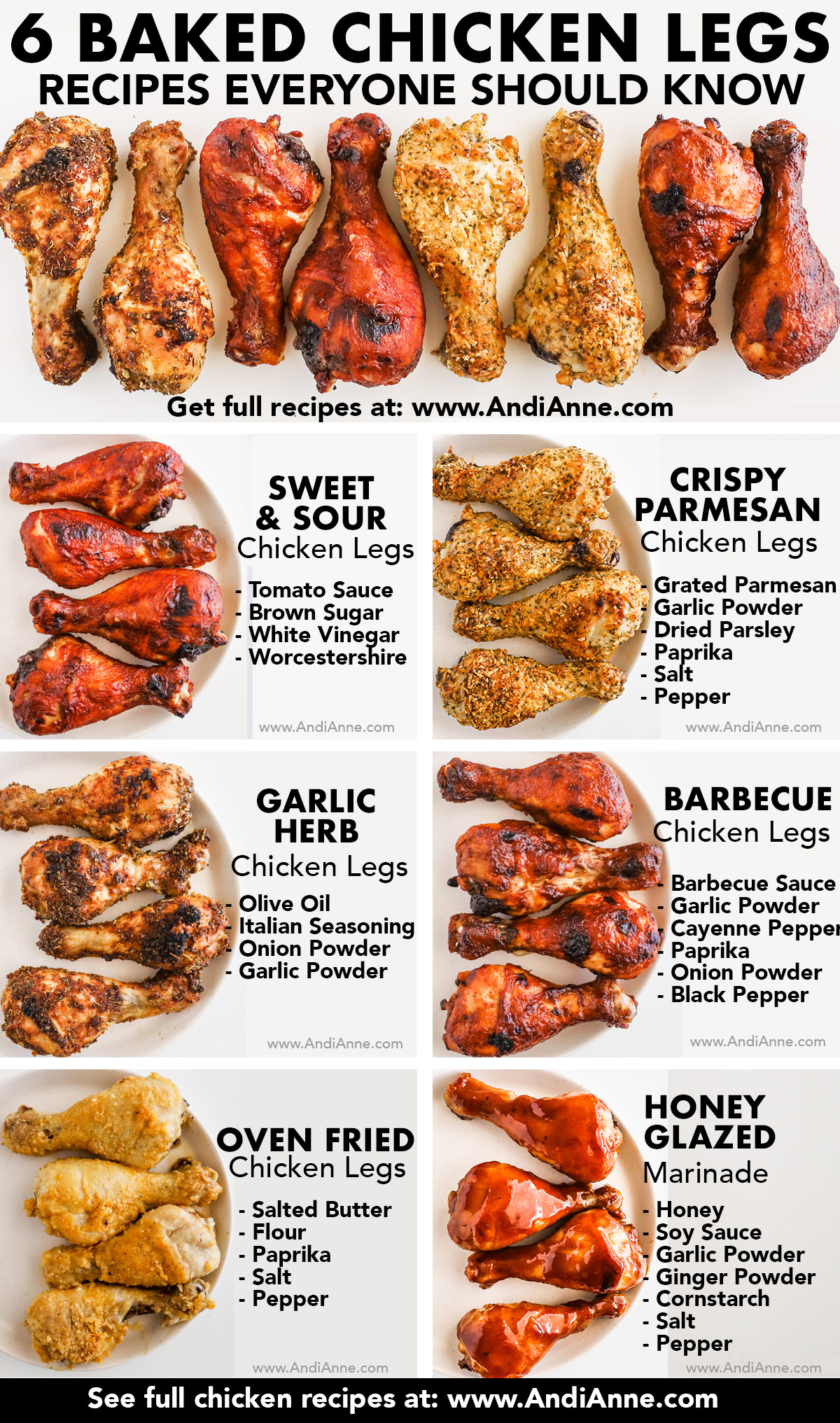 Images of six baked chicken legs including sweet and sour, crispy parmesan, garlic herb, barbecue, oven fried and honey glazed, all with ingredients listed beside each image.