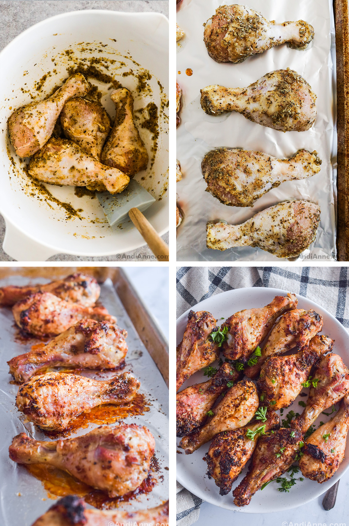 Four images showing steps to make crispy herb chicken legs. First is chicken legs in a bowl mixed with the herbs. Second is raw chicken on baking sheet, third is baked chicken legs on baking sheet. Fourth is baked chicken legs on a white plate. 