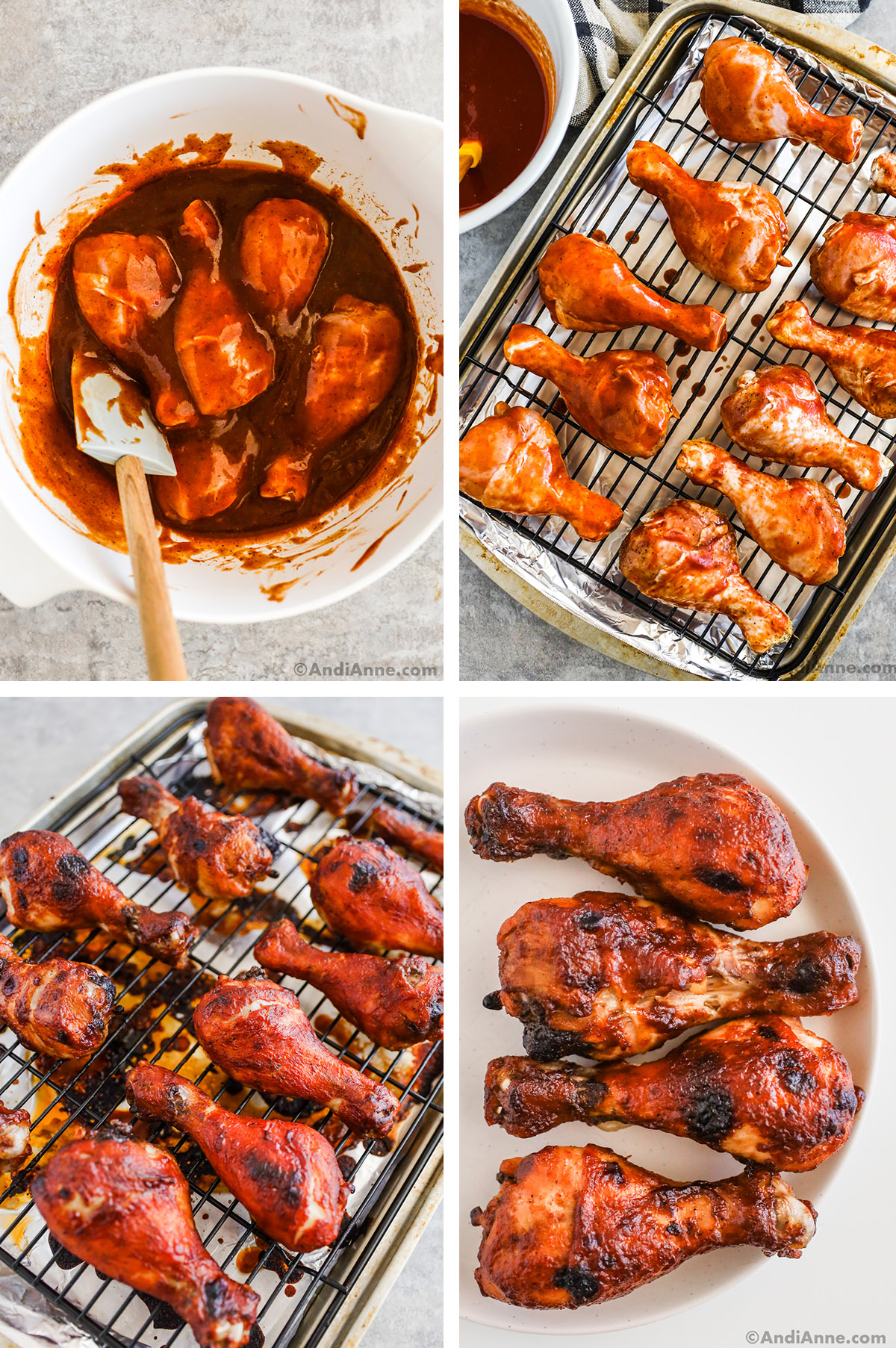 Four images grouped together. First is chicken in sauce in a large bowl, second is raw chicken on a baking sheet rack. third is baked chicken on a rack. Fourth is baked barbecue chicken legs on a plate.