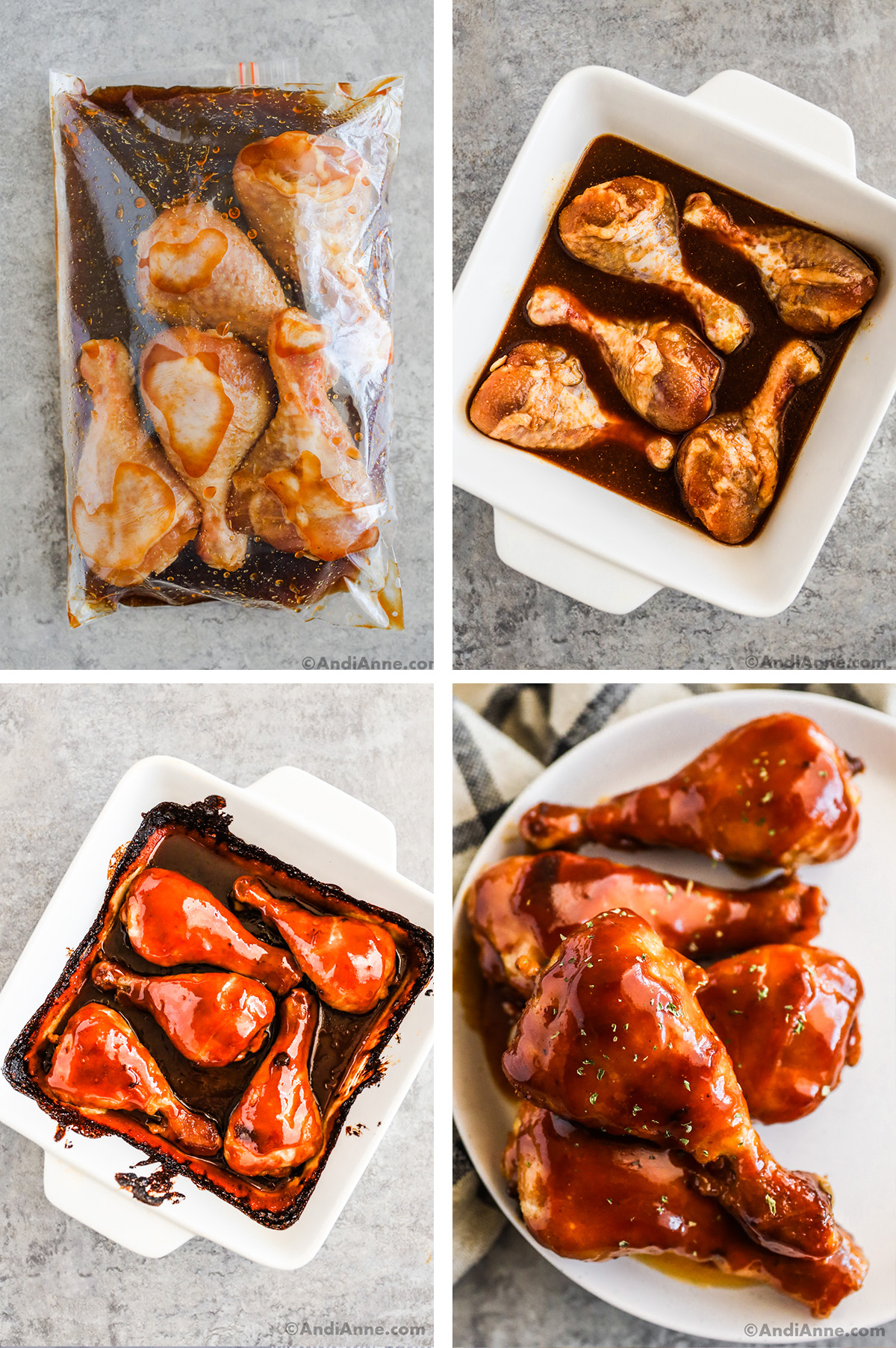 Four images, first is marinated chicken legs in a bag, second is chicken legs with sauce in a baking dish, third is baked honey glazed chicken in baking dish, fourth is baked honey glazed chicken legs on a plate. 