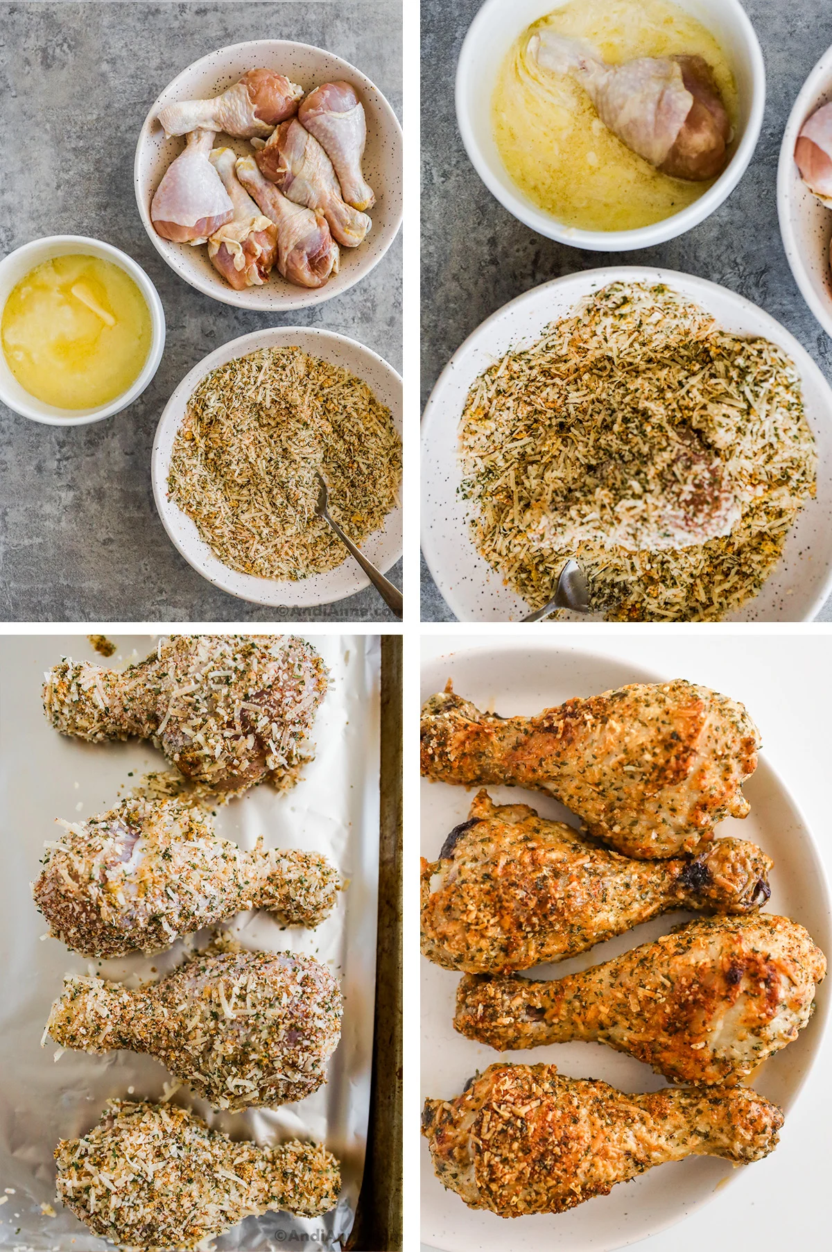 Four images grouped together, first two images are three bowls including raw chicken drumsticks, melted butter, and grated parmesan mixture. Third is raw coated chicken, fourth is crispy baked parmesan chicken.