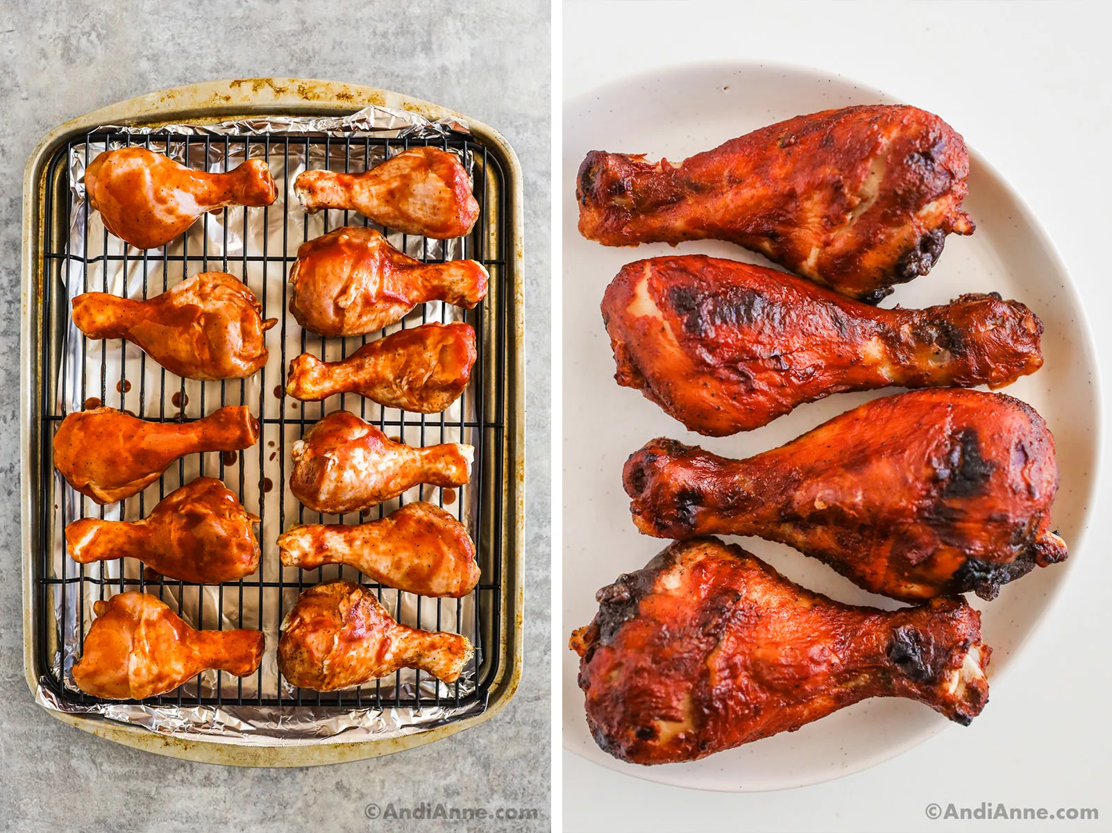 Two images, first is raw chicken legs covered in sauce on a baking sheet with rack. Second is cooked sweet and sour chicken legs on a plate.