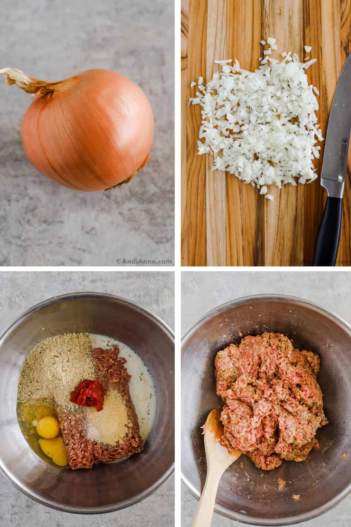 Four images grouped, first is an onion, second is diced onion, third is meatloaf ingredients dumped in a bowl, fourth is raw meatloaf ingredients mixed in a bowl