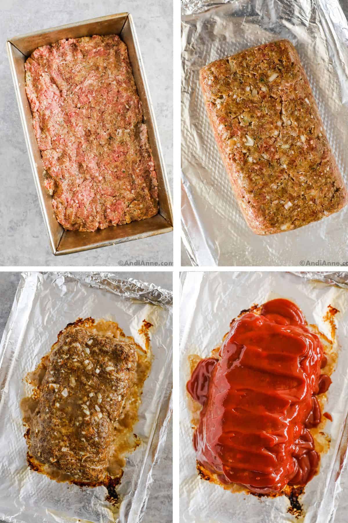 A loaf pan with raw meatloaf in it, a square shape meatloaf on a baking sheet, a cooked meatloaf, and sauce poured over meatloaf