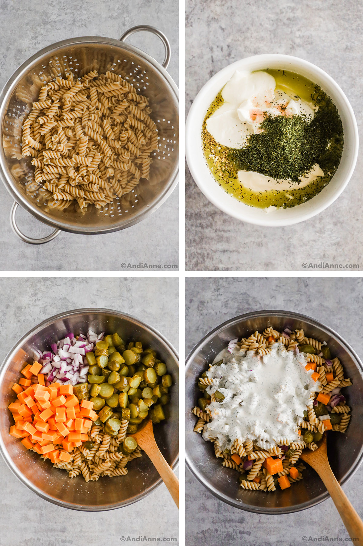 Four images showing steps to make recipe. First is cooked pasta in a strainer. Second is dressing ingredients in a bowl unmixed, third is chopped cheese, pickles, onion and pasta noodles in a bowl. Fourth is creamy dressing poured overtop of salad ingredients. 